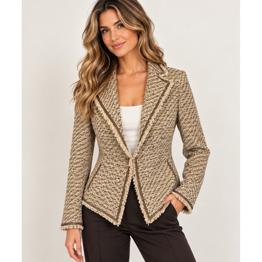Jones New York Tweed Blazer Womens 2P Quiet Luxury Fringe Trim Chevron Jacket
